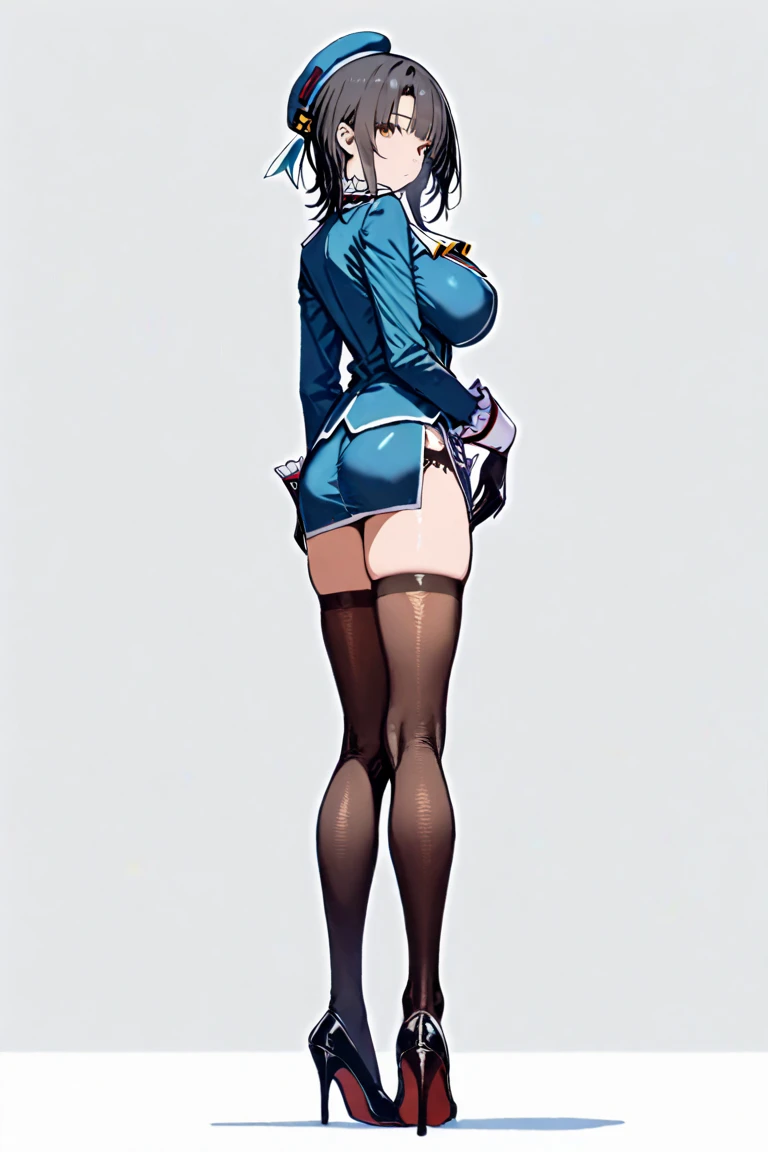 ultra-detailed, Explicit, Beautiful body, Beautiful Nose, Beautiful character design, perfect eyes, perfect face, ultra highres, 4K, beautiful legs, perfect legs, Nice hands, Perfect hand, Masterpiece, Best Quality, Highly detailed, illustration, absurdres, street fighter, doll suit, shadaloo doll, dollsuit, expressionless, blank eyes, looking at viewer, red gloves, emotionless, black latex, corrution, mind control, female combatant, full body, hypnotized, unhappy trance, full body suit, ribbed bodysuit, both arms at side, obey, perfect female body, extremely glossy latex, hypnosis, hypnoLora, empty eyes, Mind control device, poses, submissive_pose, Slave, hat, necktie, stand up straight, standing, standing at attention, hat, necktie, belt, latex, ribbed bodysuit, thighhighs, garter belt, Fighting Stance, extending the right arm from the shoulder into the air with a straightened hand, nazi saluting, military, military saluting, salute, thigh boots, 1girl, Juniper Woods, Ace Attorney: Dual Destinies, twin braids, hair flower, brown hair, brown eyes, long hair