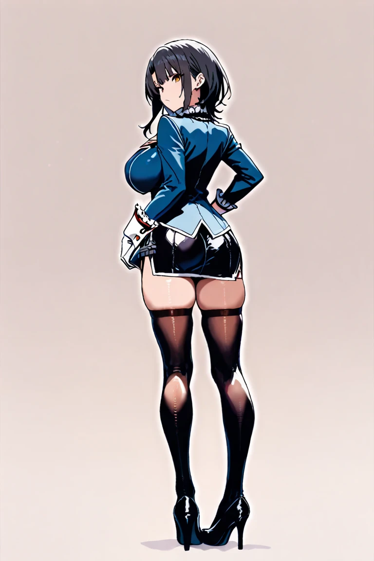 full body standing straight symmetrical, huge boob(masterpiece, best quality:1.2), cowboy shot, solo, 1MILF, mmplatz, smile, looking at viewer, hands on hips, twintails, twin drills, dress, blue pantyhose, striped pantyhose, Handcuffs on their hands, With a collar around the neck