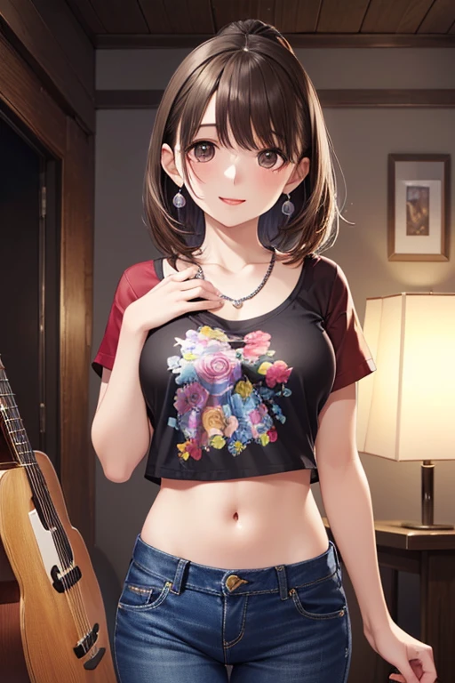 beautiful mature Japanese woman 、 Rock Band, Four-piece band, long lashes, lower ponytail, red lipstick, pearl necklace, earrings, dark eyeshadow, Chest, Flashy clothing, guitar, based, Drums and vocals ,Crop T-shirt , denim pants、
、
,((( masterpiece, Highest Quality, high resolution, 超 high resolution, Pixel Perfect , description boundary, 4K, RTTX10.0))),
、Anegasaki Nene, shiny brown hair, beautiful brown eyes, smiling face, sparkling pupils, (fine grain), , highly detailed face,, (masterpiece:1.2, best quality), ((only1 girl)), ((cowboyshot:1.5))