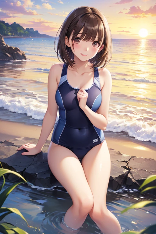 (Masterpiece)), 8k wallpaper,solo, Watanabe you, from side,ass smile,blushing, wearing only a basic swimsuit and pumps, The shoulder area of the swimsuit is a tank top type without decoration, The waist of the swimsuit is a high-cut leotard type The surface of the swimsuit is slippery.