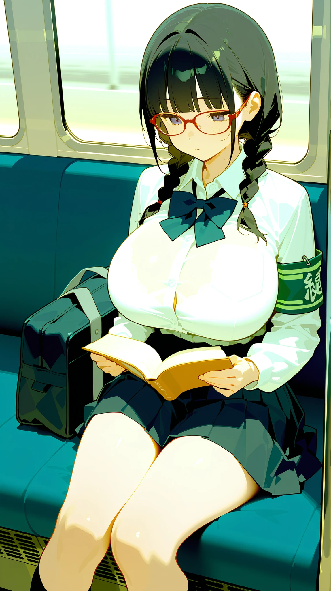 masterpiece, best quality, ultra high res, ultra-detailed, inside a crowded bus, day, beautiful city landscape, 1 young girl, slut, (black hair: 1.3), (brown eyes: 1.3), (long twintails hairstyle: 1.4), (full lips: 1.3), (hairy pubic hair: 1.2), (giant tits and giant cleavage: 1.6), (petite body: 1.5), (white blouse: 1.3), (blue pleated skirt: 1.3), (red tie: 1.3), (wet white pantyhose: 1.3), (she is vulgarly sitting with her legs wide open on a crowded bus while reading a book and while she has an extremely embarrassed look and a red face: 1.6), (view from below: 1.6)