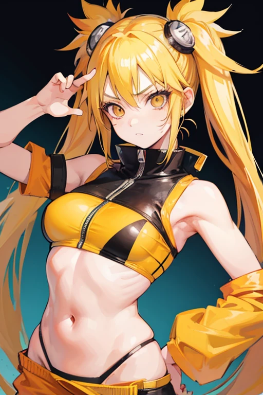 ((best qualityer)), ((face perfect)) a female anime style character , with orange hair, bright golden eyes and tanned skin, athletic and strong posture, wearing yellow and white clothes and a bright, confident smile