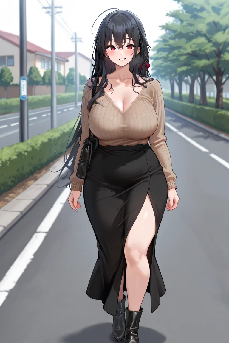 (front view detailed body, long belly , Slender body, tight body , thicc, large breast, breast, long thighs, masterpiece, long hair, very long hair, fwbak, mature female, hairclip,hair_between_eyes, very_long_hair, cowboy shot, front shot, looking at viewer, Dress, mini dress, black dress, black pantyhose, thong, Two hands behind the back , Jewelery, collarbone, city, night, outdoors, Beautiful Finger,Beautiful long legs,Beautiful body,Beautiful Nose,Beautiful character design, perfect eyes, perfect face,expressive eyes, looking at viewer,(Full_body),(Focus on her face), official art,extremely detailed CG unity 8k wallpaper, perfect lighting,Colorful, Bright_Front_face_Lighting,shiny skin, (masterpiece:1.0),(best_quality:1.0), ultra high res,4K,ultra-detailed, photography, 8K, HDR, highres, absurdres:1.2, Kodak portra 400, film grain, blurry background, bokeh:1.2, lens flare, (vibrant_color:1.2) (Beautiful,large_Breasts:1.4), (beautiful_face:1.5),(narrow_waist), facing the viewer