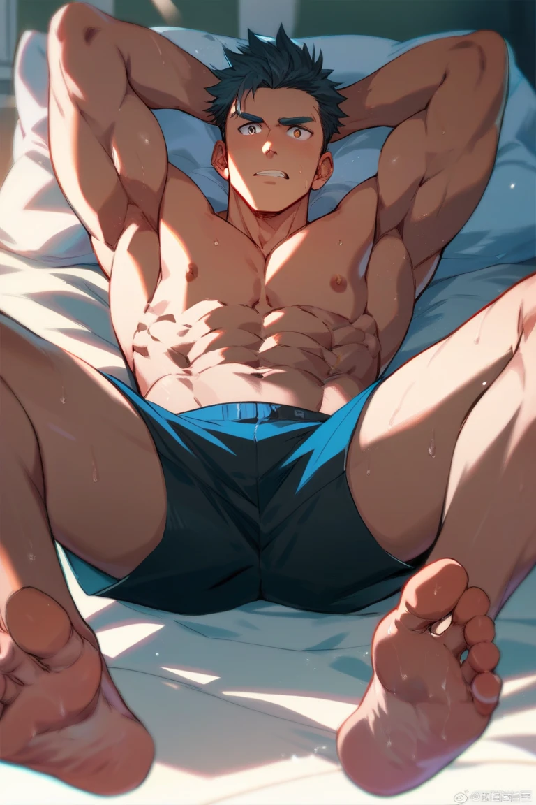 ( Huge and muscular thigh muscles) full body on floor, lots of sweat flowing down, topless, sunny, shiny skin, tanned skin,bodybuilder, huge body,huge, sexy muscular body,super giant body, muscles exploding and muscular,huge, muscular chest muscles, huge, muscular biceps,cute baby face, lying down,close your eyes and sleep