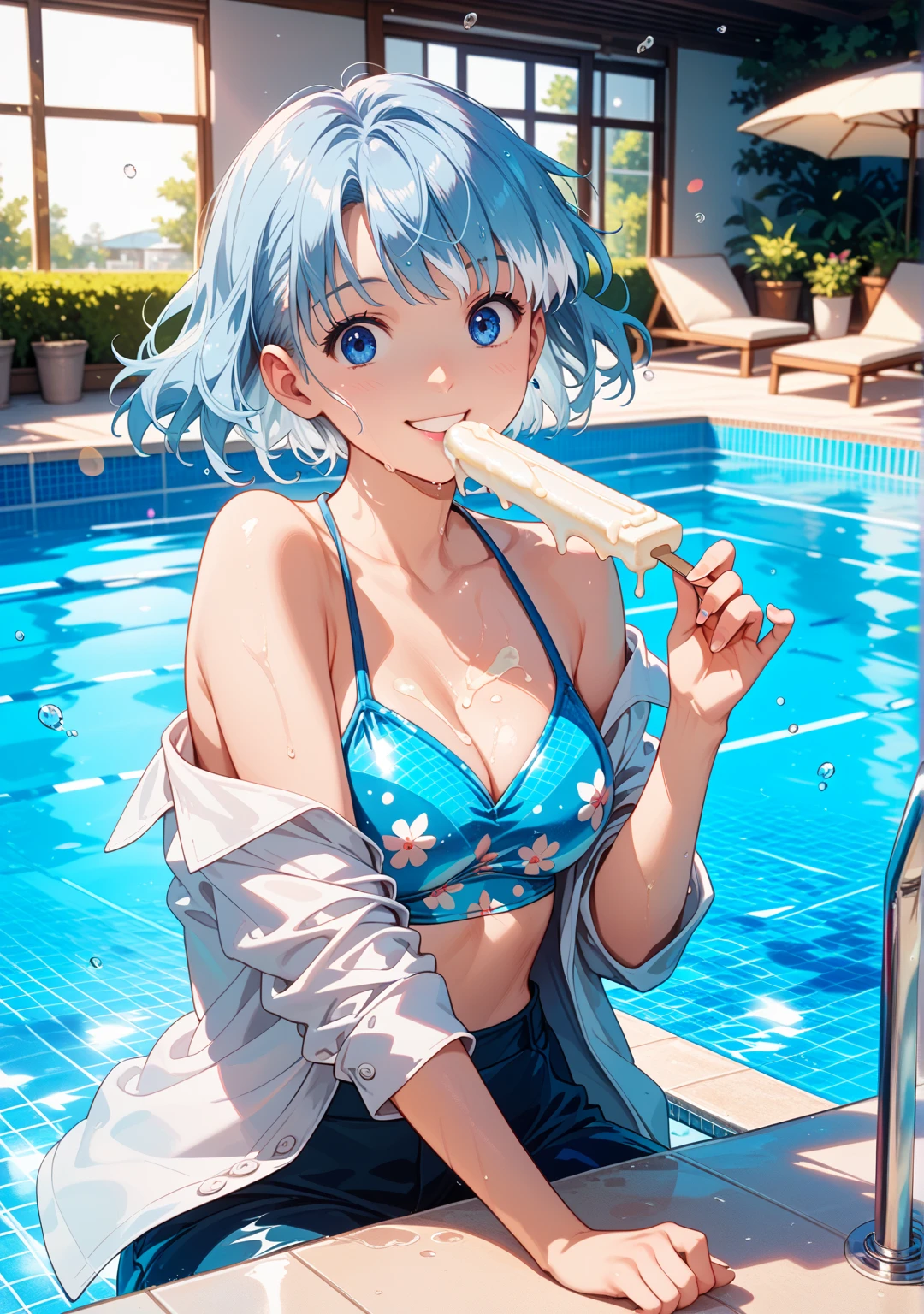 Wet translucent knotted short sleeves,Blue and white spiral curls,Hair is soaked,sunglasses,Bend over,Staring closely at the camera lens,Chest close-up,Ice cream in your mouth