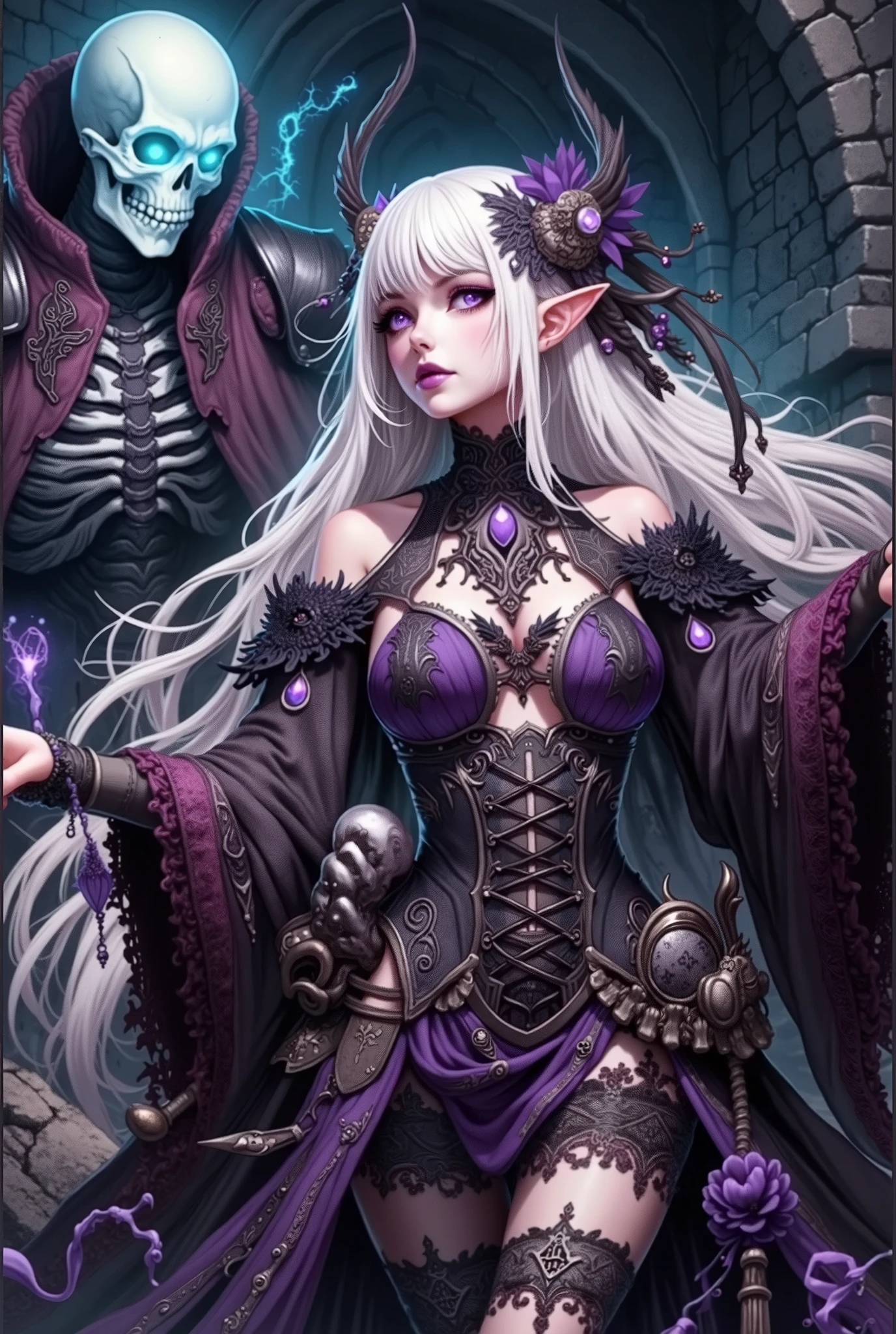 (Ultra-detailed face, Looking Away, Gothic Illustration, Dark Tone Colors. One thumb and four fingers.) , BREAK
(A young female dark sorceress of dark elf descends from the ruins of a dark and eerie ancient Nordic temple, accompanied by a tall skeletal warrior in tattered armor, clad in a black and purple aura, holding a magic chamber in one hand and chanting an incantation with one hand pointed upward. She wears a silk lace-up dress with crimson and jet-black lace and embroidery, laced sandals.) , BREAK
(The female young dark elf has white hair and white eyebrows, crisp bangs, long wavy hair to her waist, small pink lips, lavender eyes, dark purple skin, and dark eyeliner.)