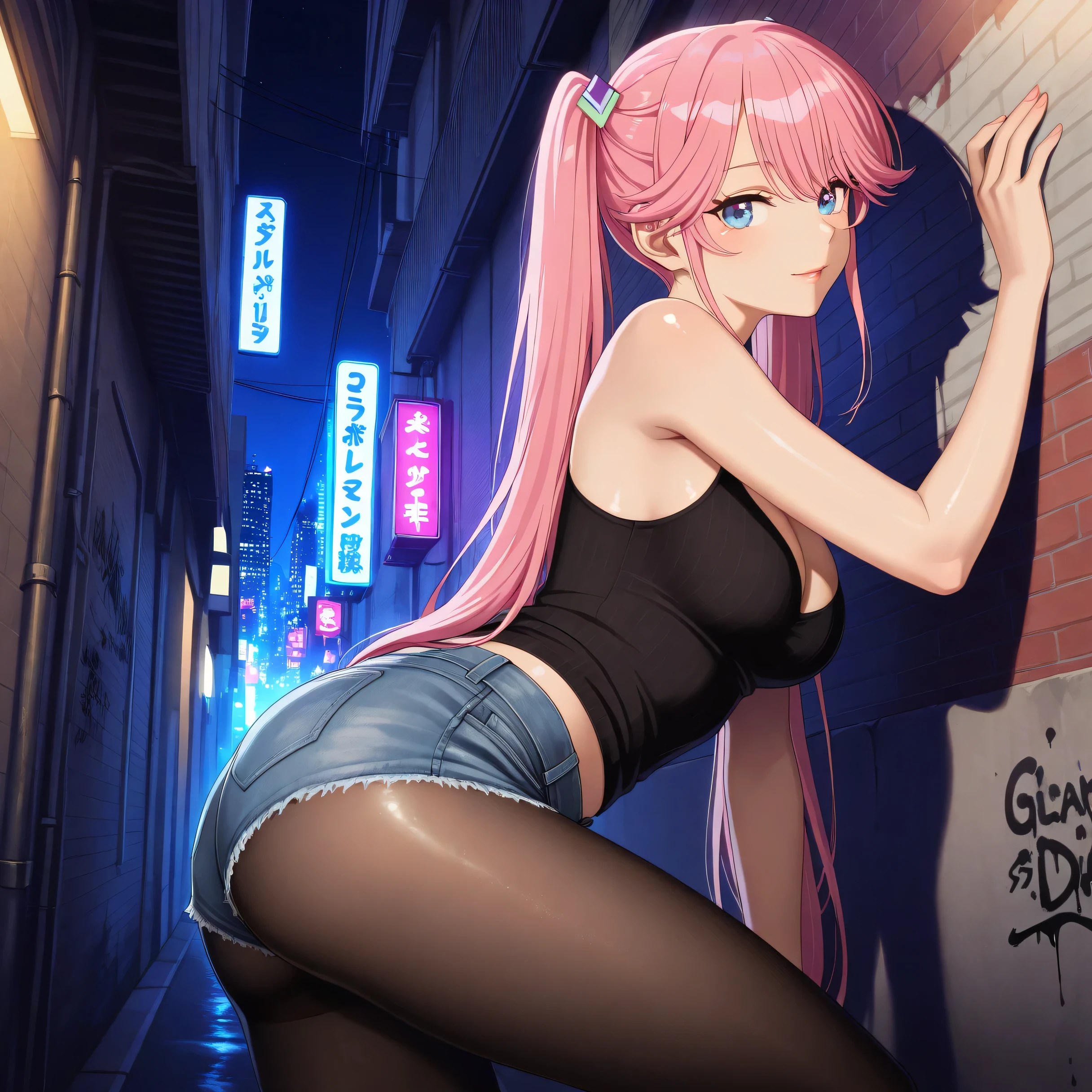 masterpiece 4k, best quality, girl, beautiful face, clean skin, shiny hair, shiny skin, beautiful face, perfect eyes, high quality shine, best quality, very aesthetic 4k, absurd, perfect body quality, beautiful curves, perfect, perfect genitals, beautiful ambient light, beautiful aesthetics, very realistic scenery, high quality 4k, masterpiece,best quality,absurdres,newest,highres, official art, 1girl ouka shiunji, long hair, bangs, blue eyes, hair ornament, twintails, pink hair, mature female, medium breasts, cleavage, pantyhose, pleated skirt, black pantyhose, short denim shorts, short black top, in the city of Tokyo in an alley with lots of dark graffiti, realistic luiz shadow beautiful realistic scenery, in the city of Tokyo in an alley with lots of dark graffiti, realistic luiz shadow beautiful realistic scenery, in a position showing big ass, eyes back with naughty look
