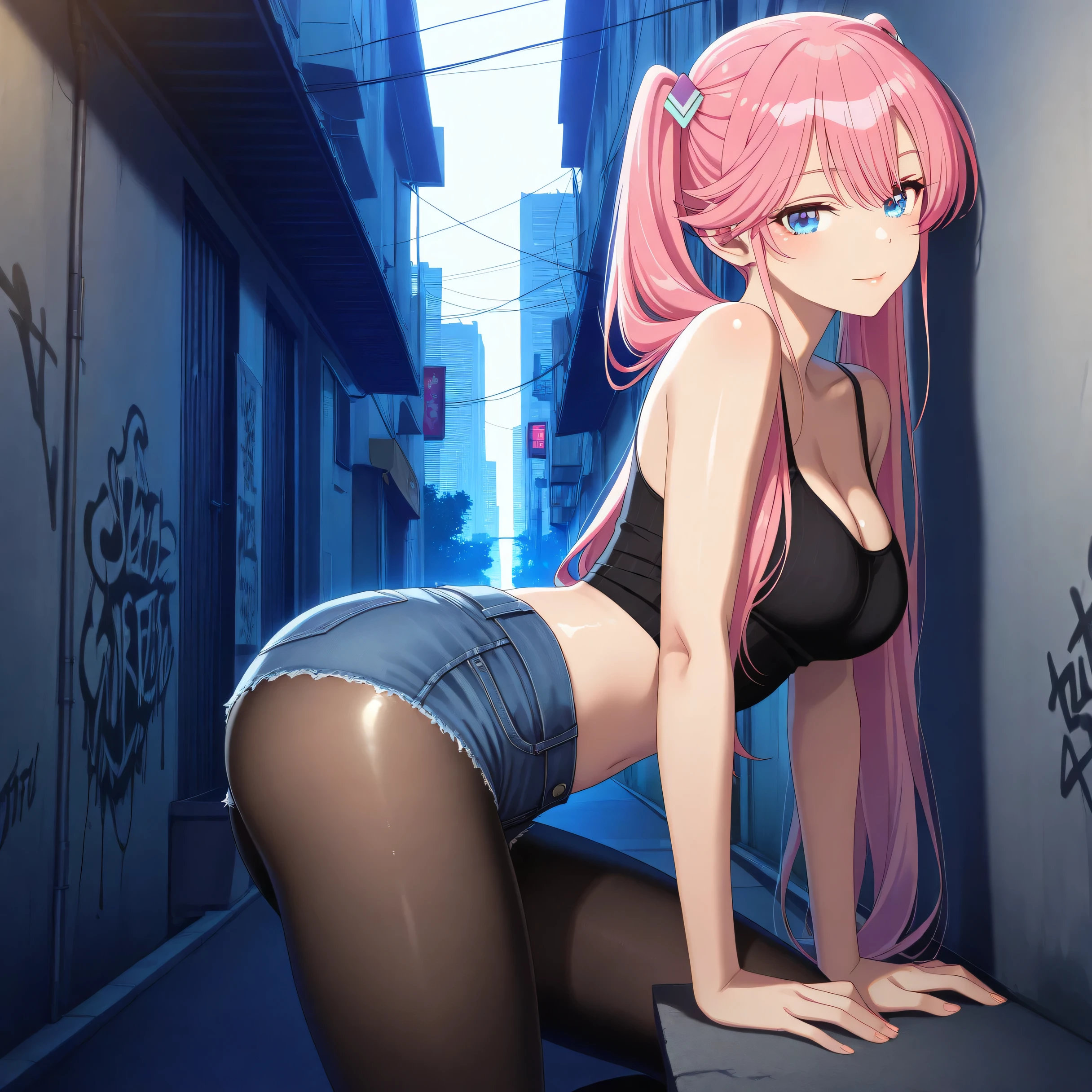 masterpiece 4k, best quality, girl, beautiful face, clean skin, shiny hair, shiny skin, beautiful face, perfect eyes, high quality shine, best quality, very aesthetic 4k, absurd, perfect body quality, beautiful curves, perfect, perfect genitals, beautiful ambient light, beautiful aesthetics, very realistic scenery, high quality 4k, masterpiece,best quality,absurdres,newest,highres, official art, 1girl ouka shiunji, long hair, bangs, blue eyes, hair ornament, twintails, pink hair, mature female, medium breasts, cleavage, pantyhose, pleated skirt, black pantyhose, short denim shorts, short black top, in the city of Tokyo in an alley with lots of dark graffiti, realistic luiz shadow beautiful realistic scenery, in the city of Tokyo in an alley with lots of dark graffiti, realistic luiz shadow beautiful realistic scenery, in a position showing big ass, eyes back with naughty look