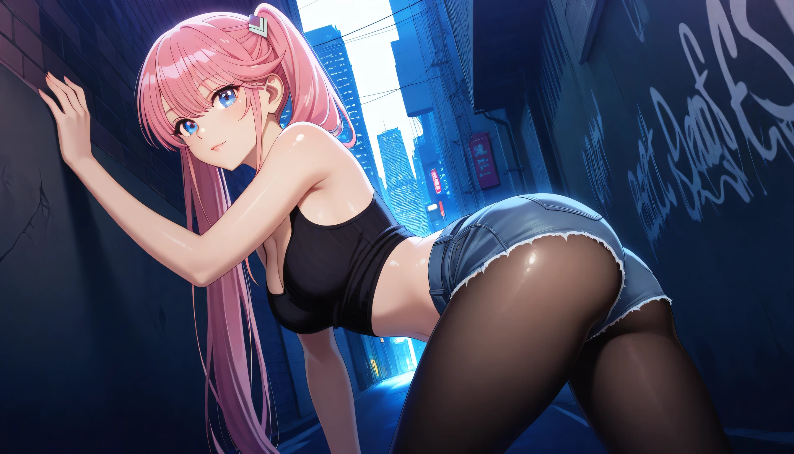masterpiece 4k, best quality, girl, beautiful face, clean skin, shiny hair, shiny skin, beautiful face, perfect eyes, high quality shine, best quality, very aesthetic 4k, absurd, perfect body quality, beautiful curves, perfect, perfect genitals, beautiful ambient light, beautiful aesthetics, very realistic scenery, high quality 4k, masterpiece,best quality,absurdres,newest,highres, official art, 1girl ouka shiunji, long hair, bangs, blue eyes, hair ornament, twintails, pink hair, mature female, medium breasts, cleavage, pantyhose, pleated skirt, black pantyhose, short denim shorts, short black top, in the city of Tokyo in an alley with lots of dark graffiti, realistic luiz shadow beautiful realistic scenery, in the city of Tokyo in an alley with lots of dark graffiti, realistic luiz shadow beautiful realistic scenery, in a position showing big ass, eyes back with naughty look