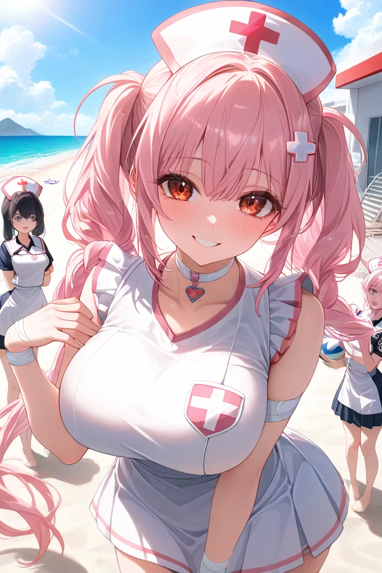 angle from above、girls sandwich、Two girls are depicted、colorful hair、beautiful girl、highest quality、embarrassing smile、beautiful girl、masterpiece、High-definition images、The belly button is visible、nurse uniform、Close-up focus on cleavage:1:4、Thigh emphasis、classroom、25 years old、super lender body shape