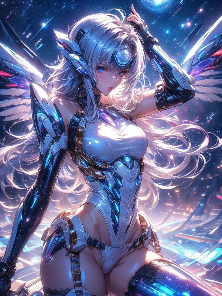 ((Shining lenses on both breasts:1.3))、((Blue pillars of light are emanating from both chests.:1.3))、(Holding a bouquet in both hands:1.6)、smile、((8k)), ((32k)), ((highest quality)), ((masterpiece)), ((超A high resolution)), ((Tmasterpiece)), ((halo:1.4))、((Mechaニカルheadgear:1.2))、((Cyber Headphones:1.3))Fine skin, High quality fabric, Fine metal texture、((Beautiful and dense face))、RAW Photos、Professional, Ultra-fine painting, ((alone)), Beautiful breasts、highest quality, Very detailed, Very detailed詳細, Finer details, so beautiful, ((Princess Knight Robot:1.2)), (Joints of machines, Mechanical Limbs:1.3), (The internal structure of the machine is exposed:1.3), (Long silver hair:1.1), (Beautiful and huge mechanical breasts)、White Veil, cowboy_shot, Side Focus, headgear, Shiny、(Five Fingers, Four fingers and thumb),Concept Art, Anime fantasy artwork, Detailed fantasy art, (with pale blue-violet hair and large white wings,,,,,,,), (((Long silver hair))), (Mecha:1.6)、Sleek and intimidating design, ((Commander in Chief's Arms)), (Perfect robot body)、Pure white and blue-purple arms or, Symmetrical wings, 8k high quality detailed art, 3D rendering of character art in 8K, neat legs, Defined, Defined fingers,((headshot:1.3))