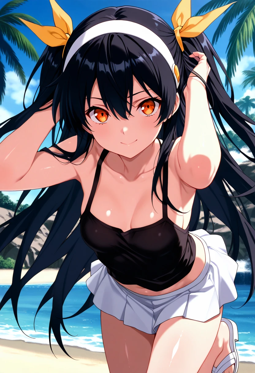 1girl, master_nemesis, to_love-ru_darkness, black_hair, very_long_hair, yellow_eyes, dark_skin, straight hair, solo, white_school_swimsuit, pool, highly detailed, masterpiece, best quality, anime style,