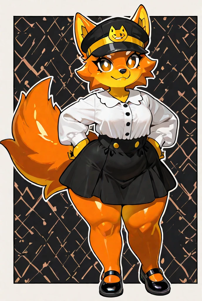 ((Flareon)), anthropomorphic, big boobs, big ass, pokemorph, (((1girl))), (((black t-shirt))), (red knee length skirt), (black sneakers), sexy, slender, red skin, (round glasses), long legs, smiling