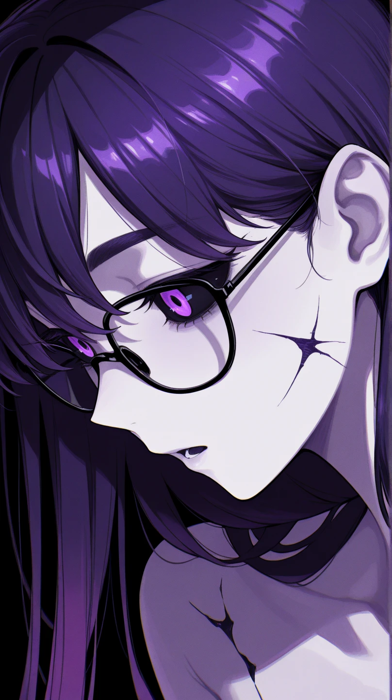 A drawing of a girl with purple hair and glasses, she has purple hair, like an anime character, 2D anime style, dark and depressed, in an anime style, "UKU the prismatic person, female protagonist: 8, pin in anime, anime style only, flat anime style, dark style, (pale young ghost girl)