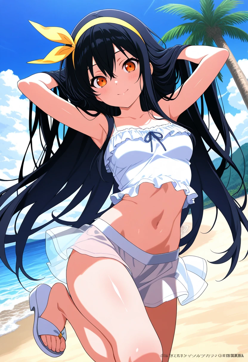 Best image quality,1People Girl,cute,Shiny Hair,black eye,Shining Eyes,,sunflower,stream,Water Play,Wet,girl,small,small breast,White Bikini,Too much exposure,View from below,Navel Fashion,distinct,Thin waist and legs,Know the shape of your vagina,