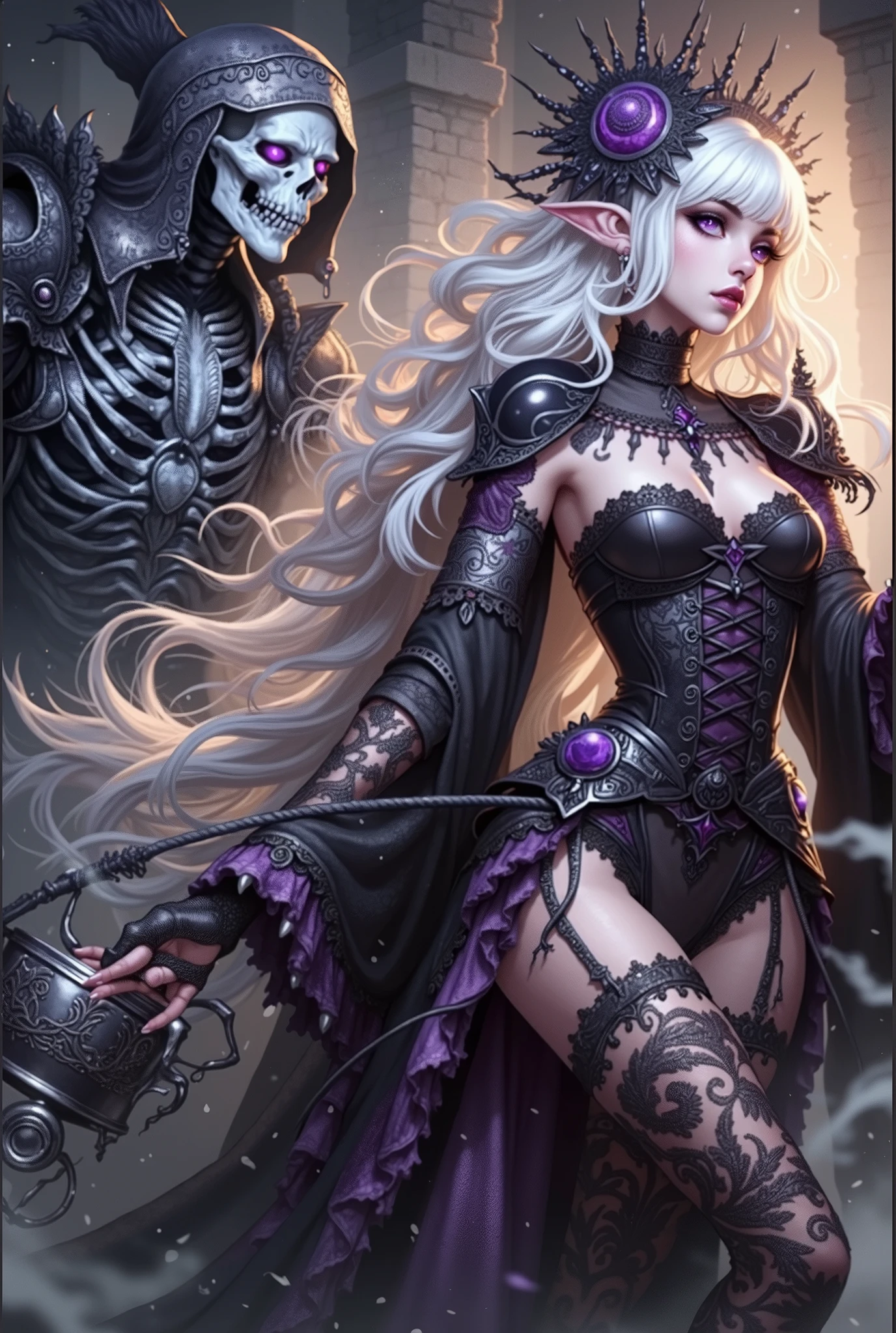 (Ultra-detailed face, Looking Away, Gothic Illustration, Dark Tone Colors. One thumb and four fingers.) , BREAK 
(A young female dark sorceress of dark elf descends from the ruins of a dark and eerie ancient Nordic temple, accompanied by a tall skeletal warrior in tattered armor, clad in a black and purple aura, holding a magic chamber in one hand and chanting an incantation with one hand pointed upward. She wears a silk lace-up dress with crimson and jet-black lace and embroidery, laced sandals.) , BREAK 
(The female young dark elf has white hair and white eyebrows, crisp bangs, long wavy hair to her waist, small pink lips, lavender eyes, dark purple skin, and dark eyeliner.)