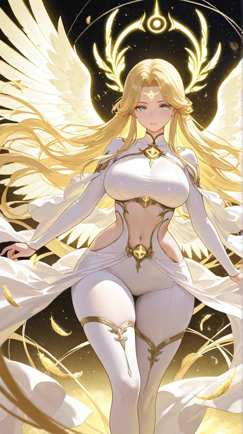 Friga,Eros,Norse mythology,The god of beauty,god of wisdom, Goddess of marriage,Family goddess,Norse gods,Heterochromic pupilom,A MILF,Big breasts wife),((Seven doppelgangers)),(Noble and elegant blonde hair,Hair mixed with white feathers,),(Peerless beauty),((Elegant pure white robe)),Gold belt,(Large breasts,Sexy buttocks),(A bunch of keys),Plenty of luxury gold jewelry,The background is in the garden,Illuminates the face,The luster of the garment,Face light,((tmasterpiece)),(Best quality at best),(ultra intricately detailed),(Highest definition),(8K),(Clean lines),(Perfect facial features,Perfect flesh)