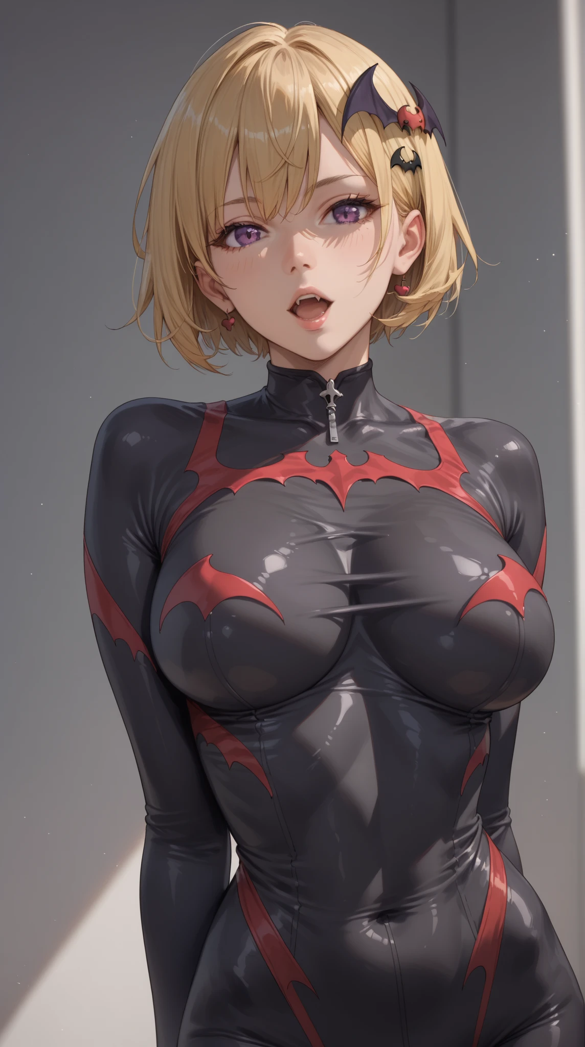1girl,solo,super detailed skin,shiny skin,wet skin,natural face,eyelashes ,blonde hair,forehead,bangs pinned back,large breasts,black bodysuit,ninja costume,standing,cowboy shot,simple background,masterpiece,best quality,ultra detailed,high resolution,sharp focus,depth of field