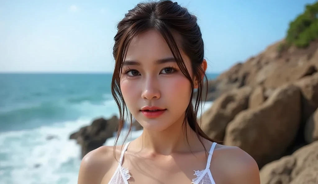 Highest quality, Realistic, Realistic, Very detailed, Very delicate and beautiful, RAW Photos, whole body, Stand on the beach, Professional Lighting, Facial lighting, Depth of written boundary, Single focus, whole body, 13-year-old female, Brown Hair, Brown eyes, Small Head, (((big)), Stylish girl, Beautiful Eyes, True Face, Real Skin, True Face, Realistic skin, Detailed eyes, yoga, (Fashionable hairstyles:1.3) Dynamic pose, Audience, Detailed look at face and chest, announcer, Beautiful armpits, Sexy Bikini