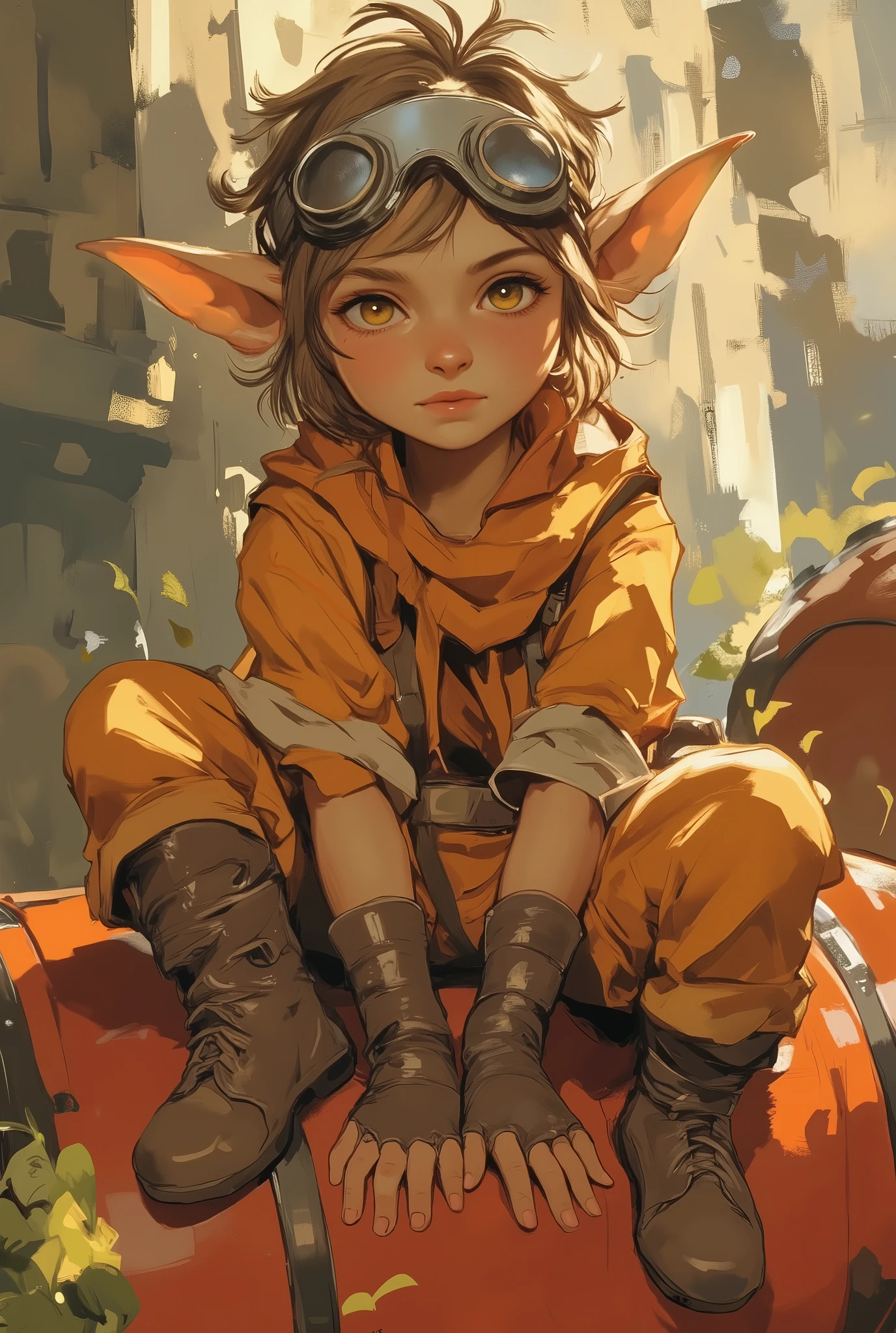 a Semi-realystic picture of a goblin female with goggles on her forehead, goblin girl dnd character, extremely detailed, from overwatch, high quality fanart, little goblin tomboy, in style of artgerm, senna from league of legends,
playful pose, short tousled hair with goggles on, orange overalls, brown leather gloves and boots, sitting on the big red oil barrel, outdoors with stone walls and plants, soft daylight illuminating the scene.