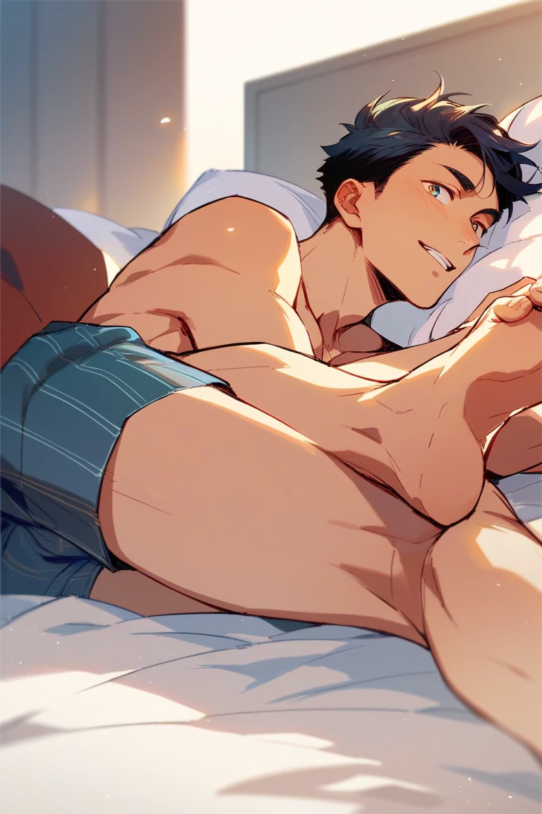 Naked Man,muscular,spread legs,on the bed,blush,Handsome guy,nipple,nipple,erection,Huge penis,convenient