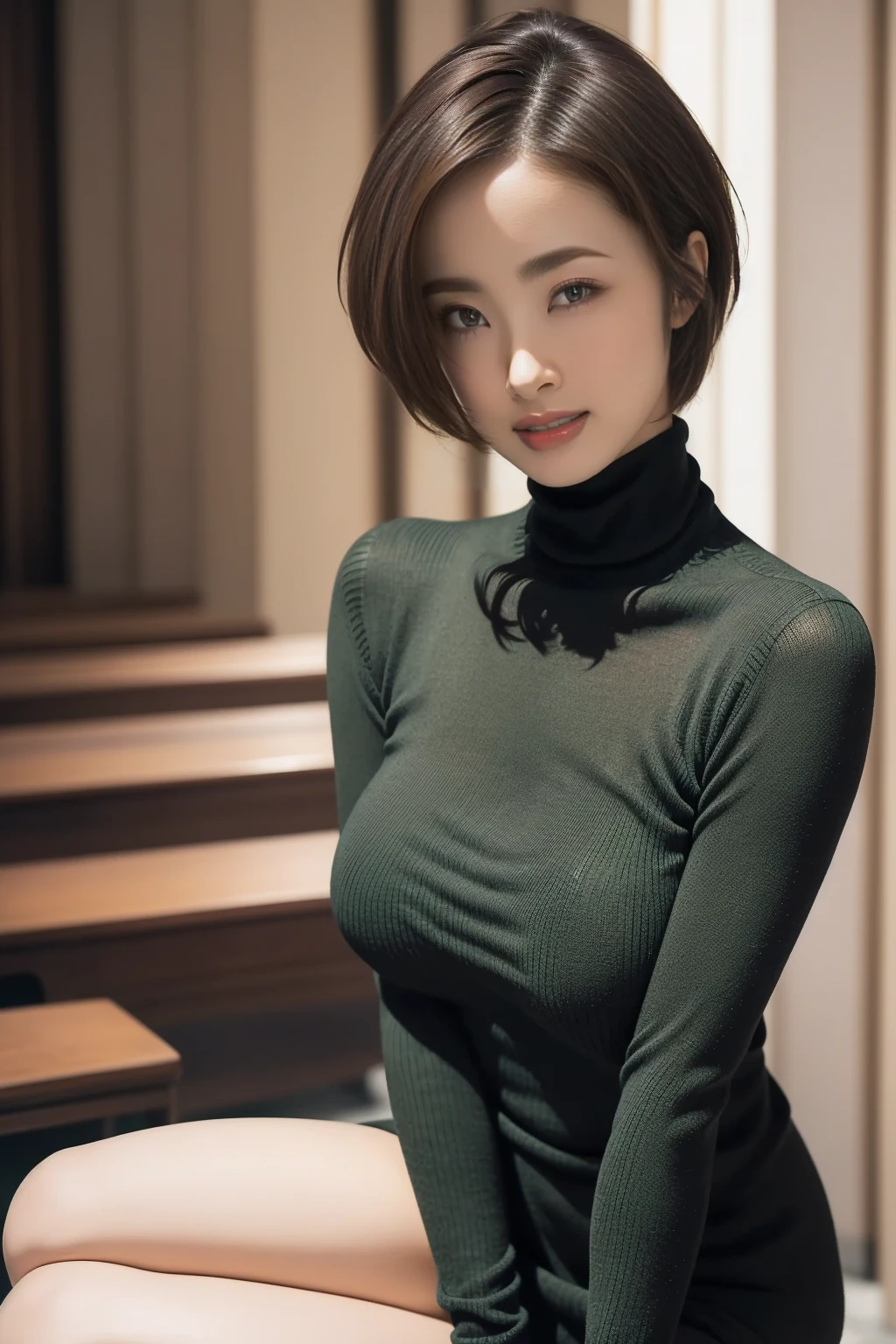 黒いturtleneckのセーターを着た日本女性、 (((masterpiece))), ((Highest quality)), ((Intricate details)), (((超Realistic)), irrational solution, Near and far, Very detailed, Realistic, 1 Girl, ((Big Breasts)), Perfect hands, Finger details, Beautiful and exquisite, short hair, Brown eyes,(turtleneck:1.2), Tight Skirt, Detailed Background, choker, Perfect Eyes, Captivating eyes, Looking at the audience, from the front、Laughter、Moles around the mouth、Knit dress、Nipples