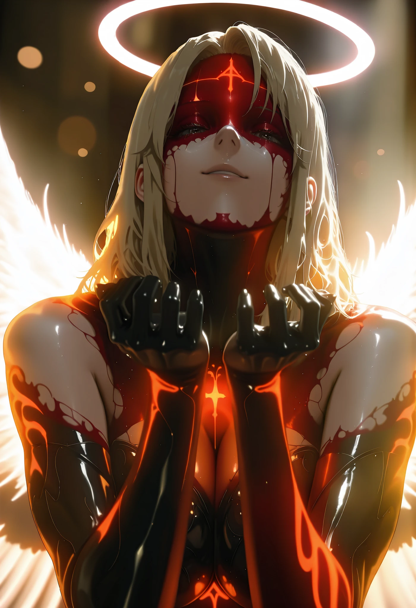 blonde,angel, The best quality, masterpiece, highres,upon_Body, Tyndall effect ,photorealistic, edge lighting, two-tone lighting,(high definition skin:1.2), 8K uhd, DSLR quality, soft lighting, High Quality, volumetric lighting, sincere, de 8K , high resolution, 4k, 8K, bokeh,