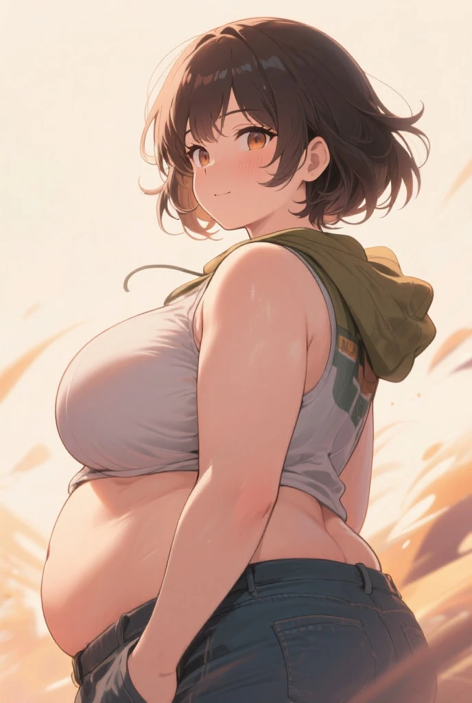 1 girl，1 boy，Comparing heights，The girl is squatting，The girl is taller，The girl is twice as tall as the boy，Girl Brown Hair，Girls have short hair，The girl has a mischievous smile，Girls have big，Girls in swimsuits，Girls Bikini，Girls also have abdominal muscles，Girls have thick thighs，