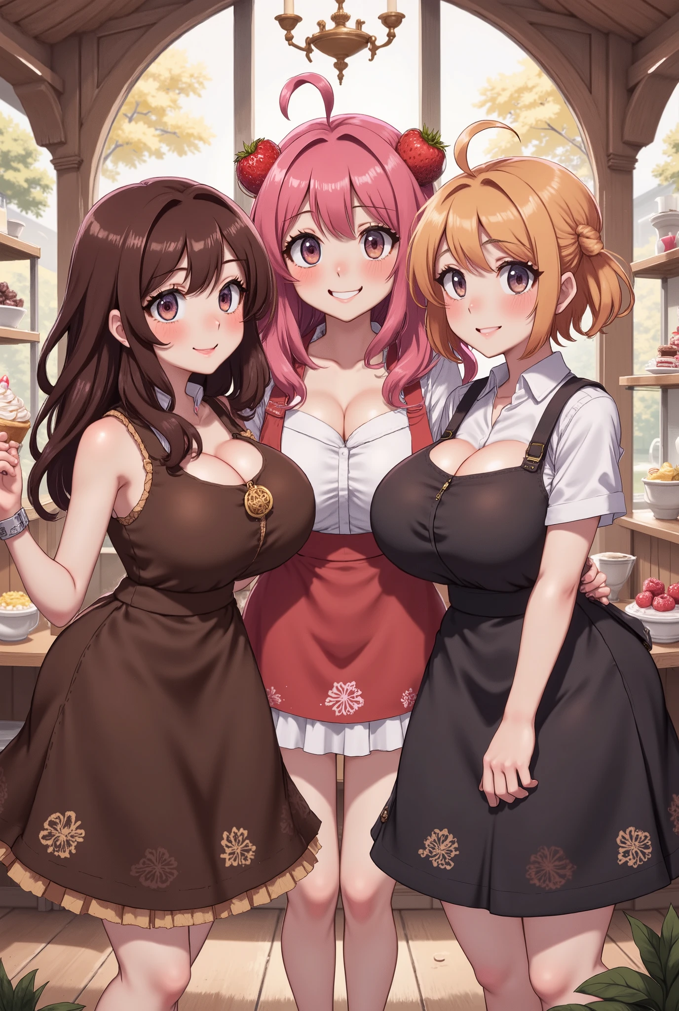mastute piece,Best Quality,insanely detailed,8k cg,nsfw,
3girls,line up in a row,panties lift,panties down to knees,(waitress,breast out,no bra,bare breast),blush,shy,ecstasy face,pink hair,perfect breasts,perfect nipples,open mouth,coffee shop,
