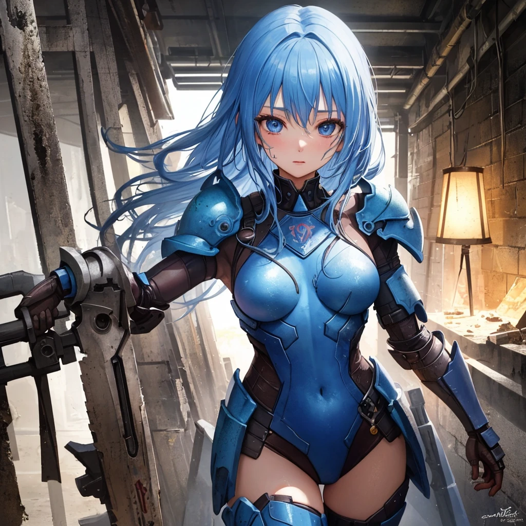 anime girl ( meleton preto, russet hair, blue colored eyes, cenario ( post apocalyptic )
