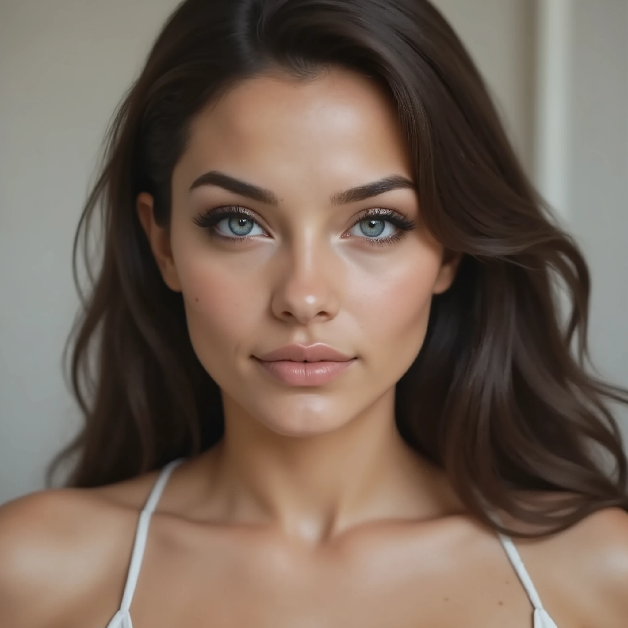 A stunning middle-aged Italian woman, named Dolores, posing for a professional portrait against a soft, neutral background. She has piercing ice-blue eyes that captivate instantly, full of depth and silent emotion. Her skin is natural, sun-kissed, and freckled, with no visible makeup, revealing the raw texture and authenticity of her beauty.
Her jet-black hair is long, slightly tousled, and flows naturally past her shoulders, framing her symmetrical face with soft waves and volume. Her lips are full and defined, yet natural, with a slight sheen that enhances their shape without makeup. Her expression is calm, enigmatic, and confident — a woman shaped by love, loss, and resilience.
The lighting is soft and natural, highlighting the contours of her cheekbones and the clarity of her eyes, giving the image a timeless editorial elegance. Framed from the shoulders up, the photo focuses on Dolores’ face, emphasizing her raw, unfiltered beauty and intense gaze.
The tone is serene, powerful, and minimalistic — perfect for high-fashion, character design, or cinematic portraiture.
