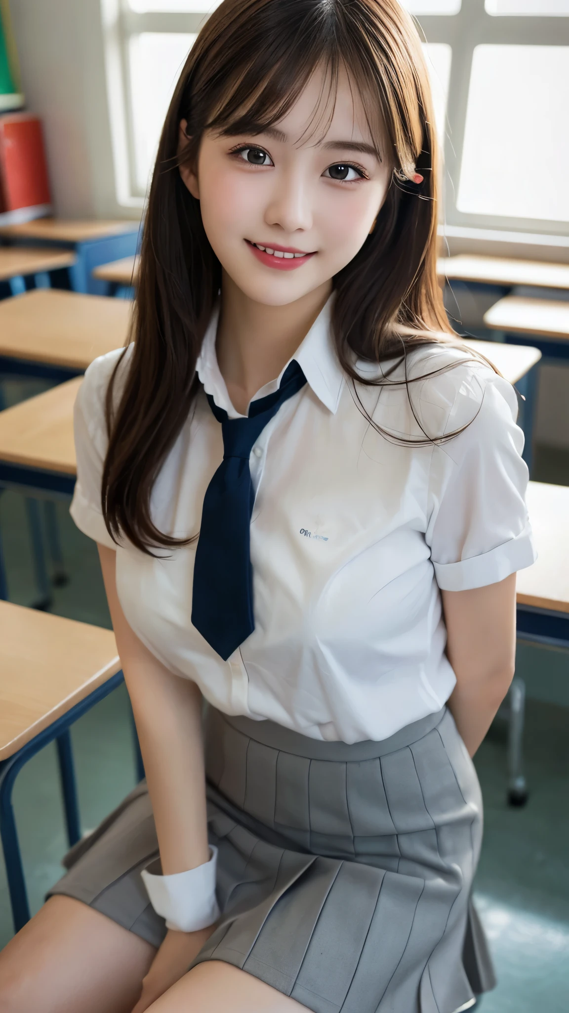 ((beautiful girl:1.3))、((school uniform:1.4))、((skirt lift:1.5))、((white panty shot:1.7))、((high school))、((erect nipples:1.3))、((white shirt and red tie:1.2))、((navy blue skirt:1.3))、((sitting at the desk in the classroom:1.3))、((Thin Fabric:1.4))、((Sexy pose with legs open:1.4))、((face is flushed:1.4))、((chest:1.2))、((close:1.2))、highest quality、masterpiece、ultra high resolution、(realistic:1.4)、Raw photo、(real skin texture:1.3)、(film grain:1.3)、panorama、character portrait、very wide shot、tight waist、cowboy shot、(in the dark, deep shadow, discreet key, cold light)、night、Tyndall effect、(Performance)、1 girl、Beautifully detailed eyes and face、white jabot、brown eyes、((brown hair:1.2))、((full body:1.3))、((smile:1.3))