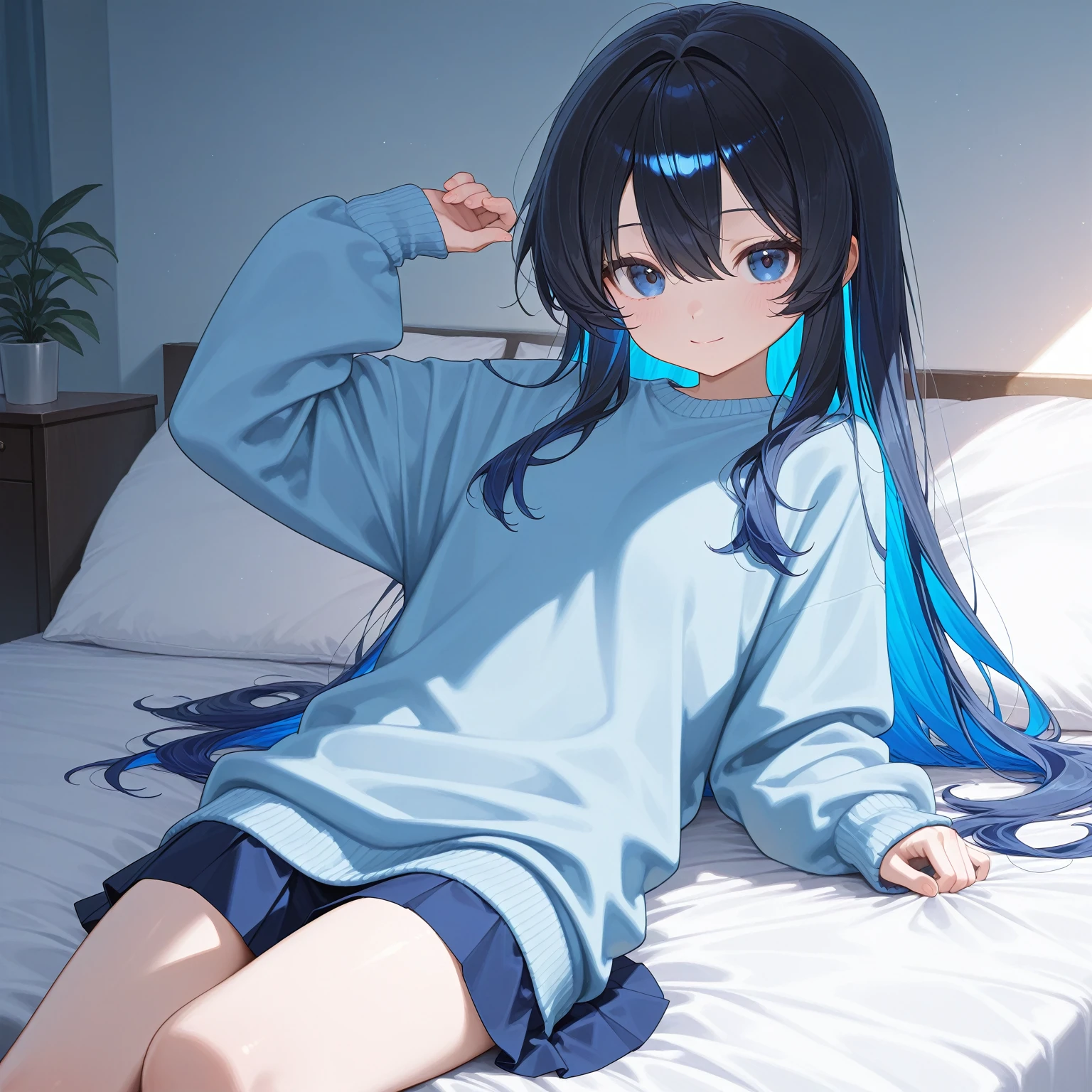 A blue-haired, long-haired female character wears a white shirt with a blue floral pattern and black short underpants.