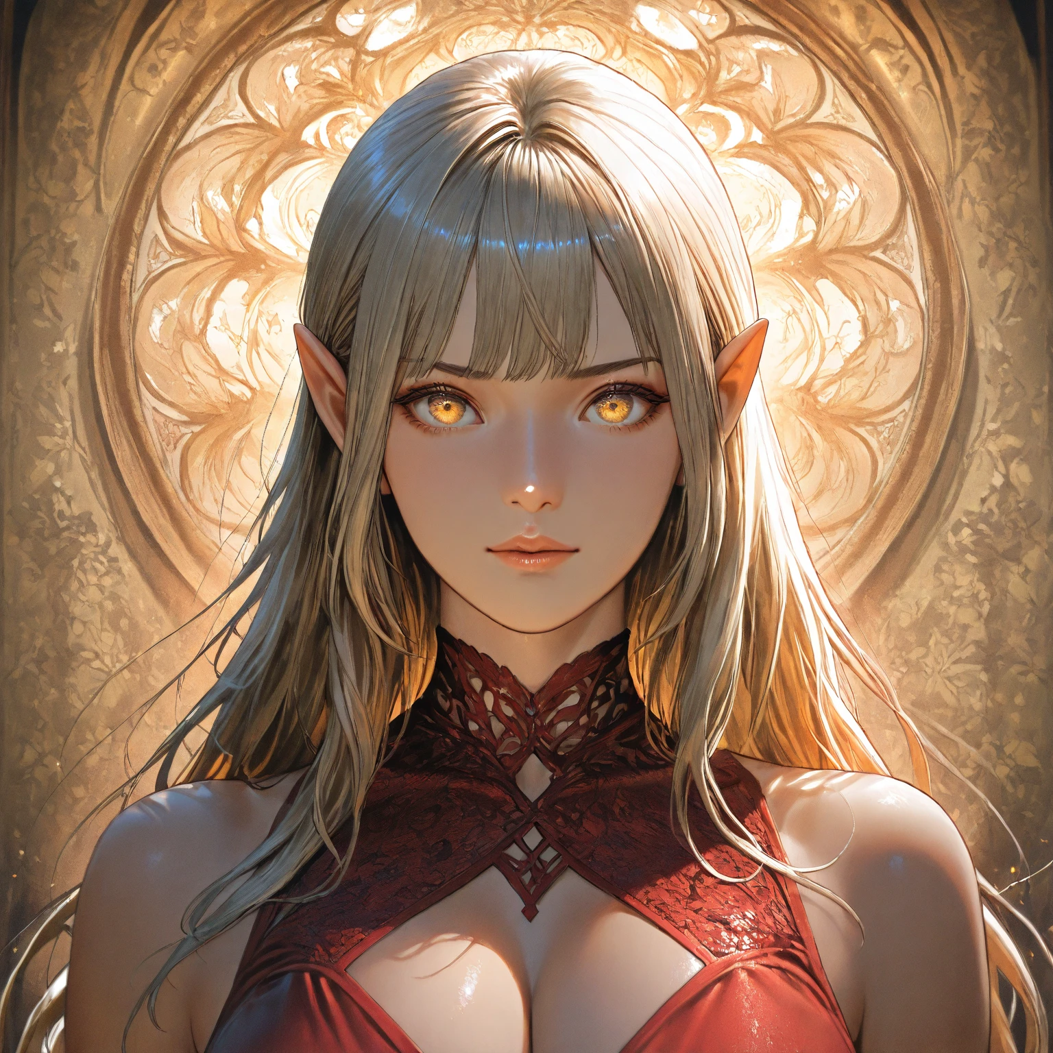 arafed a picture of elf vampire in her castle and her pet epic cat an exquisite beautiful female elf vampire (ultra details, Masterpiece, best quality), bloody mouth blond hair, pale skin, hair in a ponytail, long hair, blue eyes, cold eyes, smirking, wearing white dress (ultra details, Masterpiece, best quality), red cloak, in dark fantasy library, with an big cat (ultra details, Masterpiece, best quality: 1.5) book shelves, arafed high details, best quality, 16k, [ultra detailed], masterpiece, best quality, (ultra detailed), full body, ultra wide shot, photorealism, RAW, dark fantasy art, gothic art, ArmoredDress, Dark Novel, Dark Art Painting Style