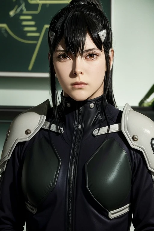 A beautiful woman piloting a small space fighter. She is looking at the camera with a serious expression. Black Hair. 23 years old. She is wearing a black metallic battle suit.. From the window of the spaceship, Dark space and shining stars々You can see.