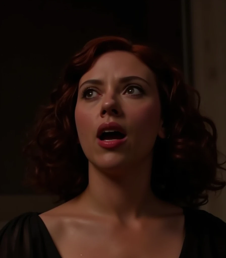 red haired woman tender look, features similar to scarlet johansson in a church, naked