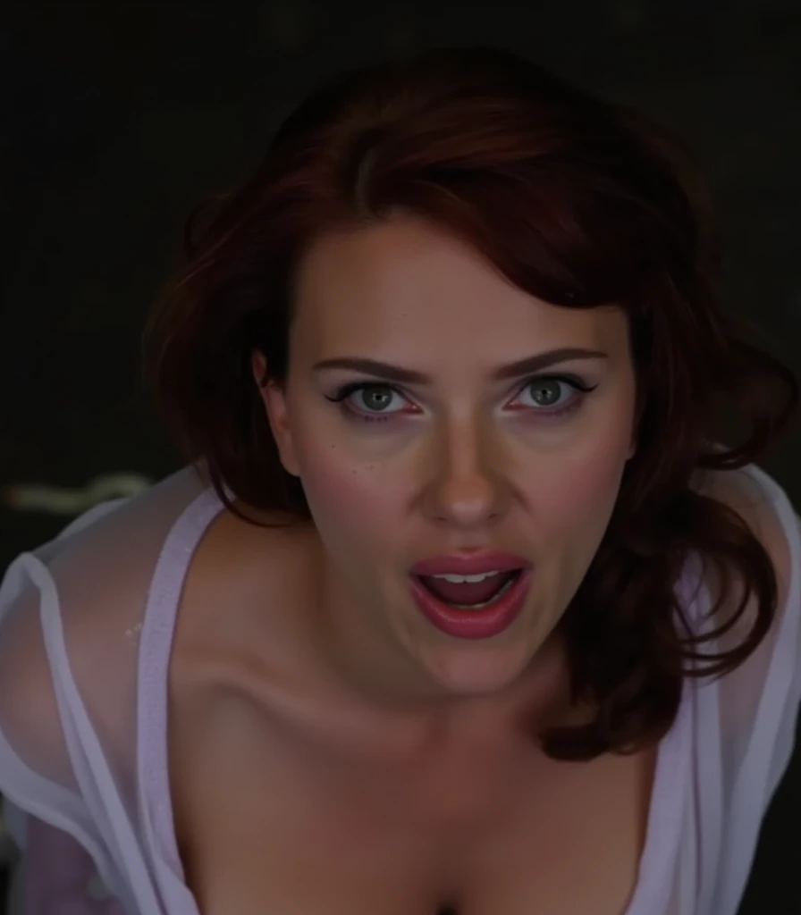 masterpiece, expressive eyes, ultra detailed face, Aubrey Plaza and Anna Kendrick in one person, topless, outdoor, running, screaming, apocalypse, fire everywhere, dark sky, lightnings, lava