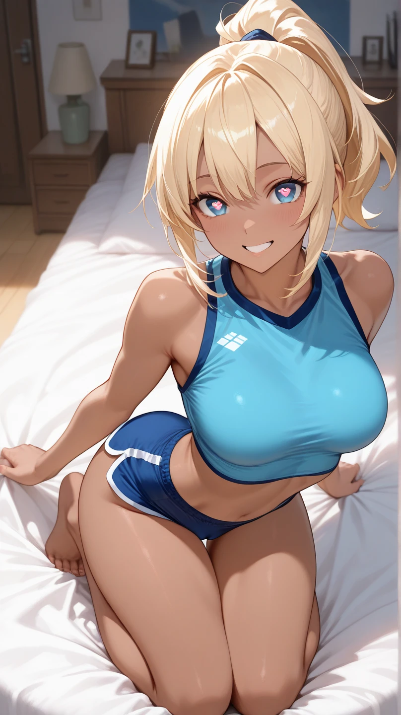 Best_quality, masterpiece, highres, detailed, detailed_background, ray_tracing_graphic, solo, adult_female, {saber_fatestaynightufotable:1.15}, blonde_hair, French_bread, little_ahoge, detailed_green_eyes, blue_ribbon, 1girl, anime_coloring, detailed_face, kuudere_face, smile, five_fingers, blush, large_breasts, white_bikini, blue_straps, pants, from_the_top, lying, bed, dark_room, night_time, looking_at_viewer, oily_skin, sixpack_abs, detailed_skin, detailed_texture