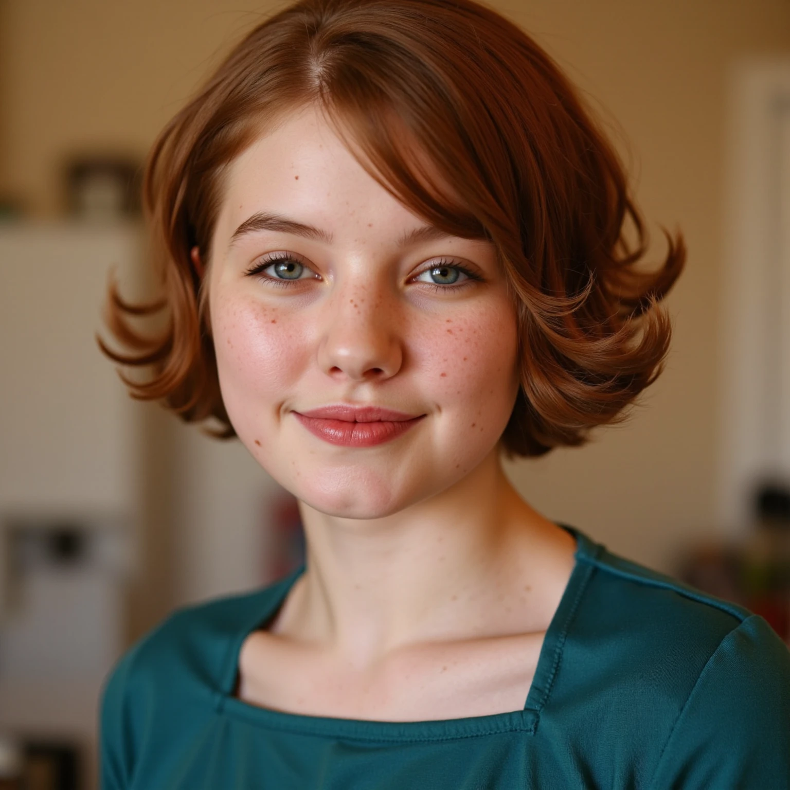 A two-year-old redhead girl with short curly hair and green eyes