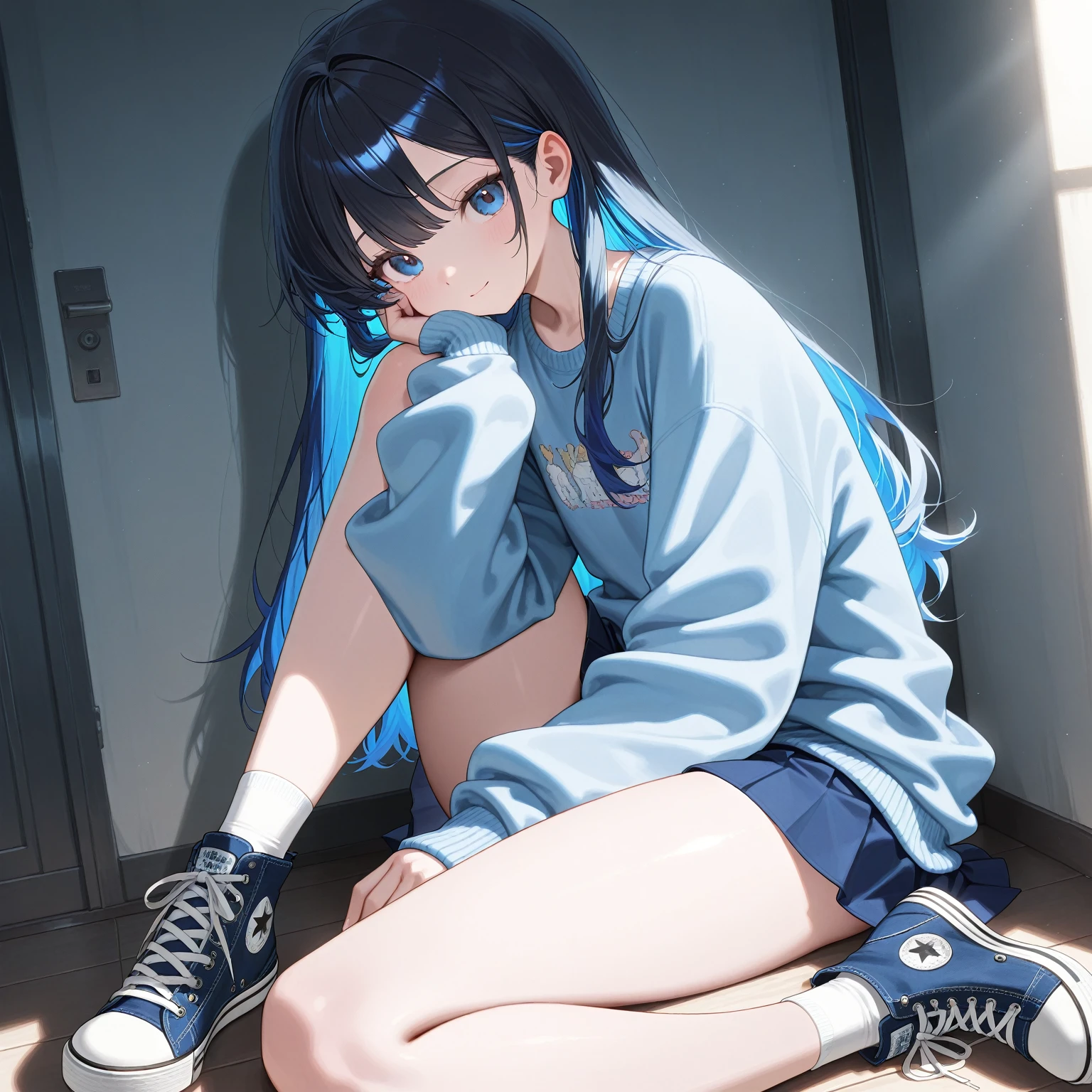 1girl, black jacket over a white shirt. She has a blue jacket slung over her shoulder. She is also wearing black thigh-high socks. Her hair is tied back in a high ponytail. 