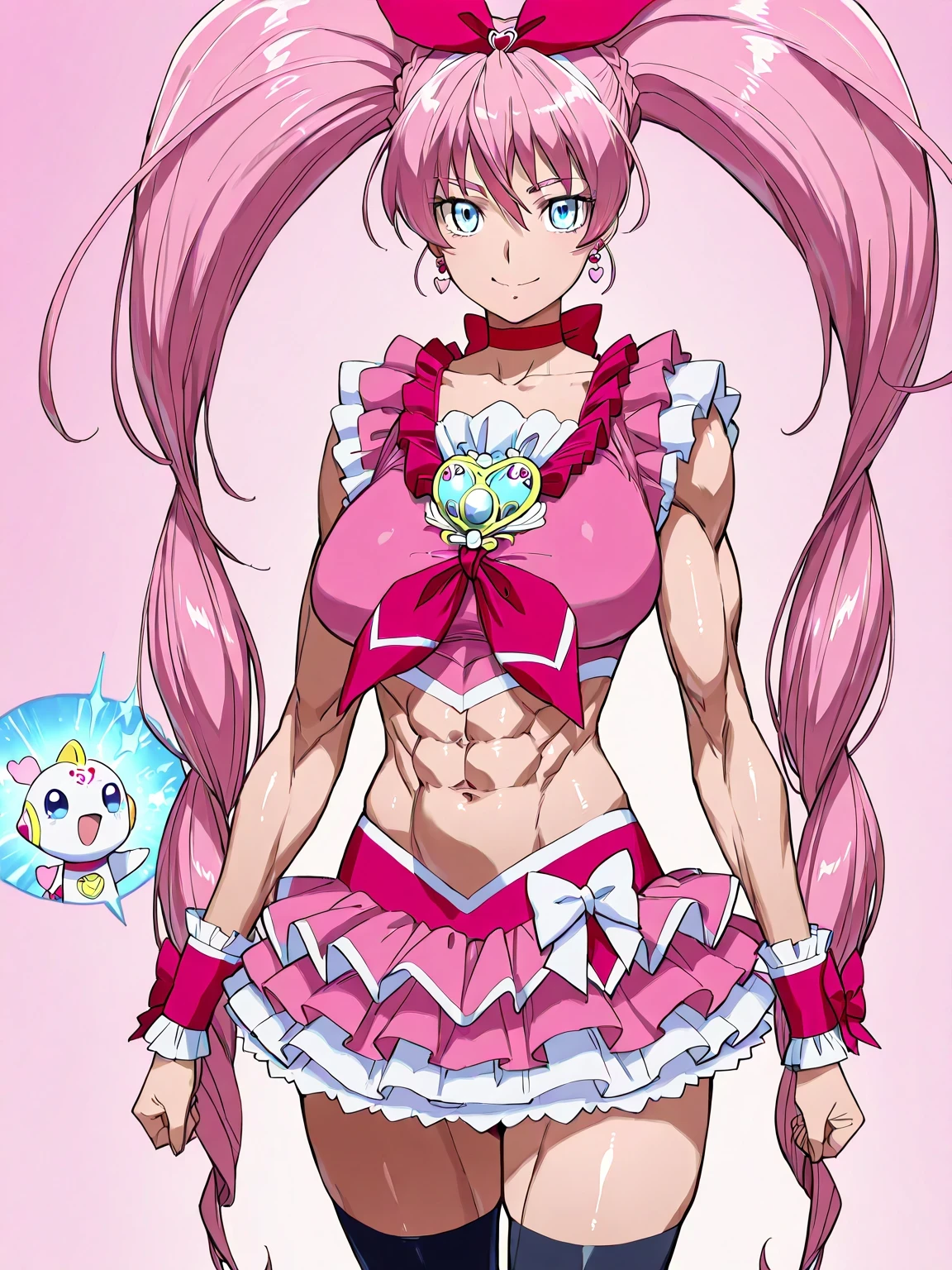 score 9 、score 8 up、score 7 up、source anime、masterpiece、Highest Quality、high resolution、anime coloring、1girl、cure melody、woman in crop top shirt、pink hair、high twintail hair、very long hair、blue eyes、eyebrows visible through the hair、bungs、eyelash、shiny hair、Close up of an anime image of a man wearing a head bow、 heart earrings 、hair ornament、 Zodiac Girl Knight 、Sparkling Magical Girl、ROYAL ELEGANT POSE、pink and red crop topドレスを着たアニメの女性、Anime Woman in a Belly Button Costume、wrist cuffs、jewelry、red neckwear、red choker、heart brooch、black legwear、black thigh high socks、red footwear、knee socks、red high heels、Pink and red shirt、pink and red crop top、frilled shirt、frilled crop top、frilled sleeves、Strong muscles、pink and red mini skirt、frilled skirt、layered skirt、white mini skirt under the pink and red mini skirt、red skirt bow、Muscular and strong、SEXY ANIME STYLE、perfect costume、beautiful charming anime women、beefcake standing、Magical Aura Around Her、toned body in a dark hospital、feminine and muscular、seductive anime male、 slender body、Portrait of a Zodiac Girl Knight、woman's focus、looking at viewer、solo focus、cowboy shot、Bare Thighs、brave beautiful、brave sexy、Bare Arms、collarbone、navel、abs、midriff、big breasts、very large breasts、stomach、Covered trapezius、biceps、biceps long head、biceps short head、triceps、triceps medial head、triceps lateral head、triceps long head、brachioradialis 、deltoids、anterior deltoids、middle deltoids、posterior deltoid、thigh muscles、semitendinosus muscles、covered hamstrings、covered adductor magnus muscles、brave smile、sexy smile、muscular woman、cure melody outfit、beefcake style、 pink background、