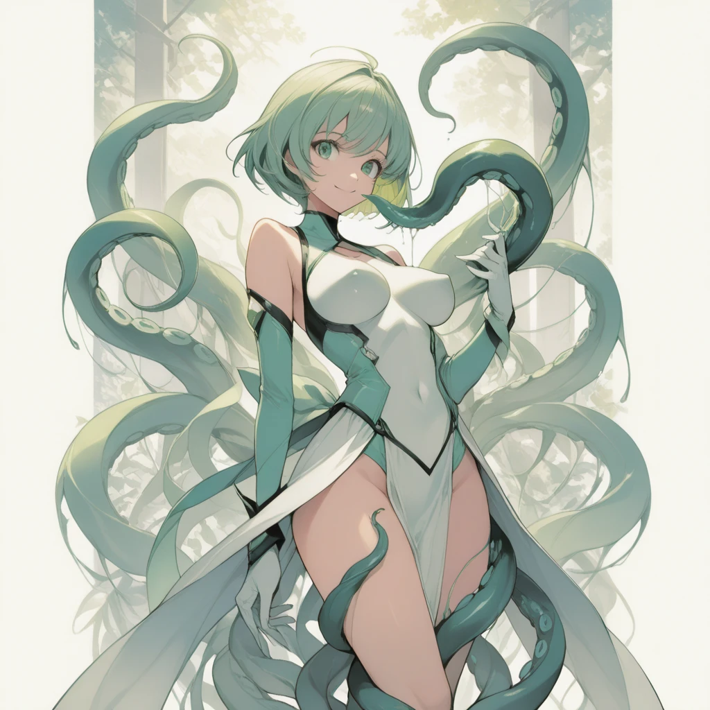Masterpiece, top quality, ultra-definition, beautiful definition, one girl, solo, 15-year-old female, standing straight, full body, white body suit, white rubber suit, black eyes, yellow green hair,bun hair,at cave