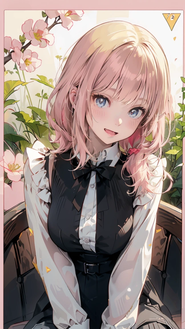 sunny day, graceful photo of a girl in a black blazer dress, (puffy eyes:0.95), large lace collar, (white lace shirt), platinum pink hair, (angled bob:1.47), flat bangs, (flowing hair), smile slightly, pink lip, happy, happiness, high detailed skin, skin pores, stunning innocent symmetry face, long eyelashes, black eyeliner, light golden eyeshadow,(sitting down on the bench), crossed_legs, emotional, wind, park, trees, grass, masterpiece, best quality, photorealistic,
