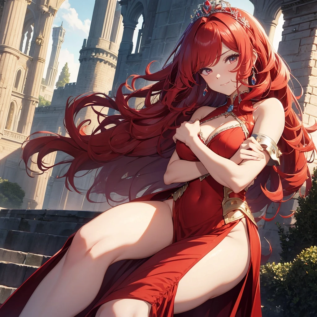 Princess with red hair with some pink tint, with a braid on one side of the hair, burning red eye. Beautiful body big chest ass, standing showing dress. black long stocking thighs, of jump . At the bottom of the house there is a castle. Showing your legs is heels .