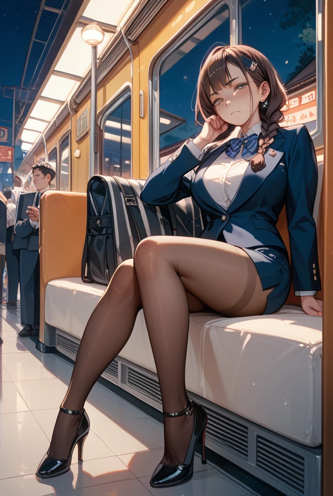 頭からつま先までwhole body)、(whole body)、(No shoes)、(White panties inside black pantyhose)、(White panties inside black stockings)、(Panty shot)、(Sit with your legs together)、(Sit with your knees bent and legs spread apart.)、(M-shaped feet)、Pencil Skirt、Woman sleeping on train、Leaning against a wall、She spreads her beautiful legs、Wear a tailored suit and a fitted skirt、Sweat on the forehead in the summer heat、Her underwear is visible between her beautiful legs、These girls are wearing high heels、This photo shows、The photo was taken from a distance so as not to be noticed by the audience.。