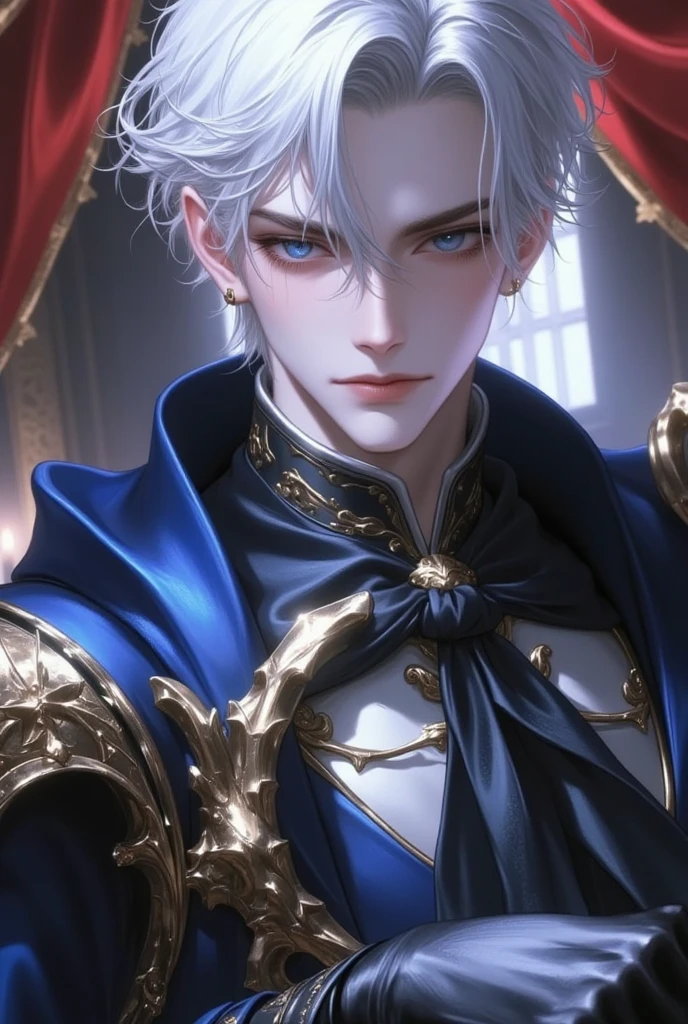 Male prince with violet eyes and white hair with a serious gaze