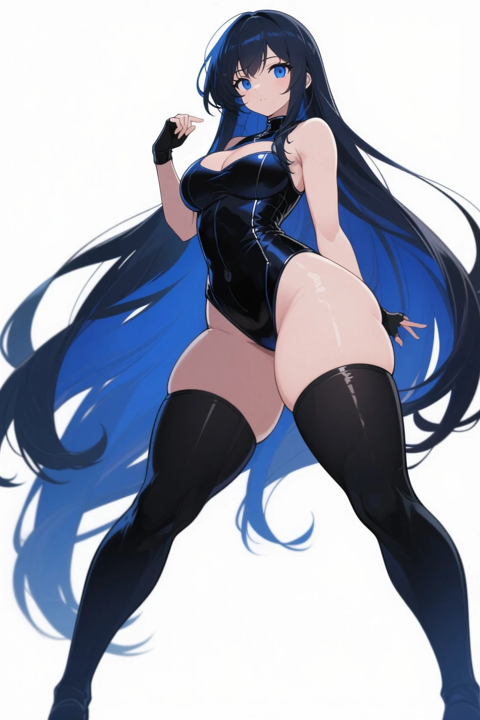 bunnygirl（Indigo Leotard：1.2）long dark blue hair、Red Eyes/indigo blue high heels、 Long Globe（Enamel）、pantyhose、Blue bow tie、masutepiece: 1.2, Best Quality) Best Quality,