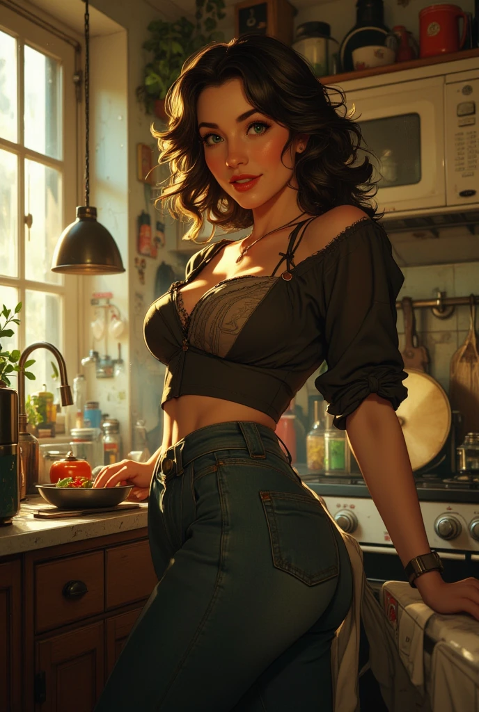 A woman poses in a bra top in a kitchen, Kunstwerk im Stil von Guweiz, 8K-Beleuchtung, Loish und Wlop, Deviantart ArtStation CGSCOSIETY, Alena Aenami und Artgerm, Ilja Kuwschinow. 4 Tsd., Realistische digitale Kunst 4K, realistic digital art 4 Tsd., wlop.