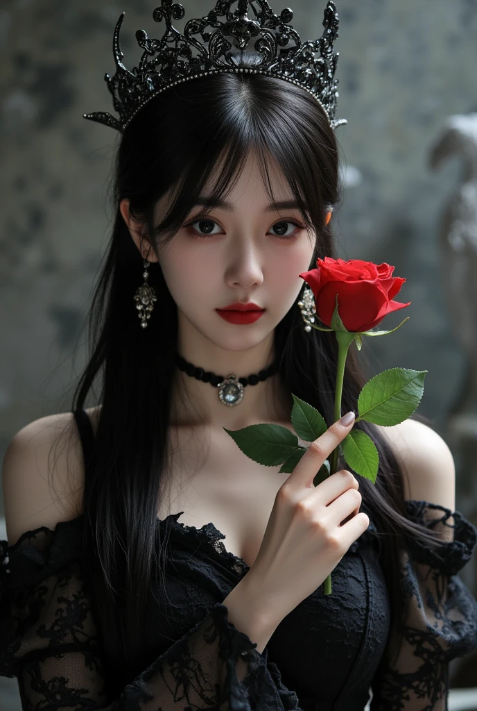(Highest quality, masterpiece), (One person, alone, Black Dress, Are standing , View your viewers, Gray Hair, Red eyes, Holding roses, Mouth closed, Upper Body), (Red dream catcher behind, Red flower, )