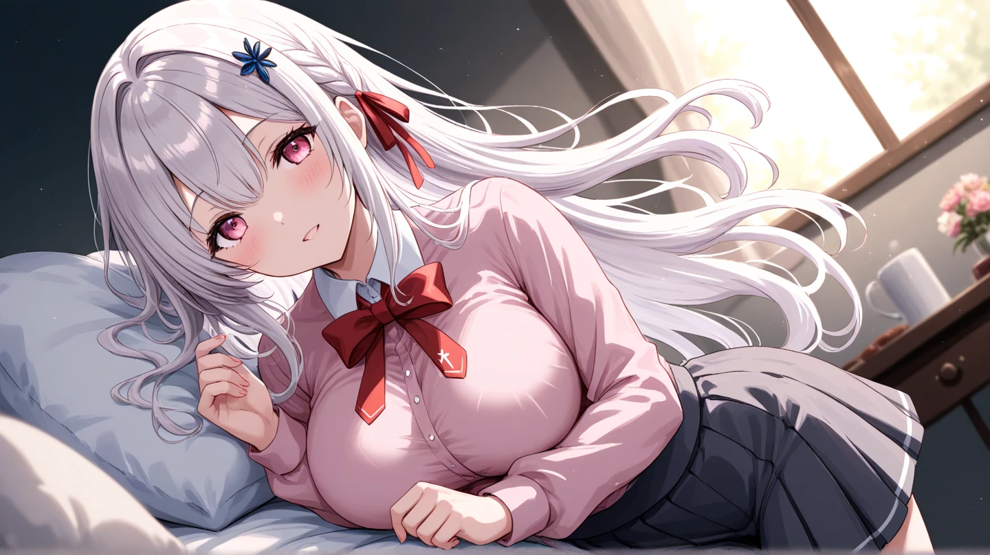 woman with very long white hair, very large breast, legs open on each side, woman of small stature, dressed in school uniform, view of naked breast and vagina, red eyes, emphasis on view of vagina, lying down while opening legs, having sex